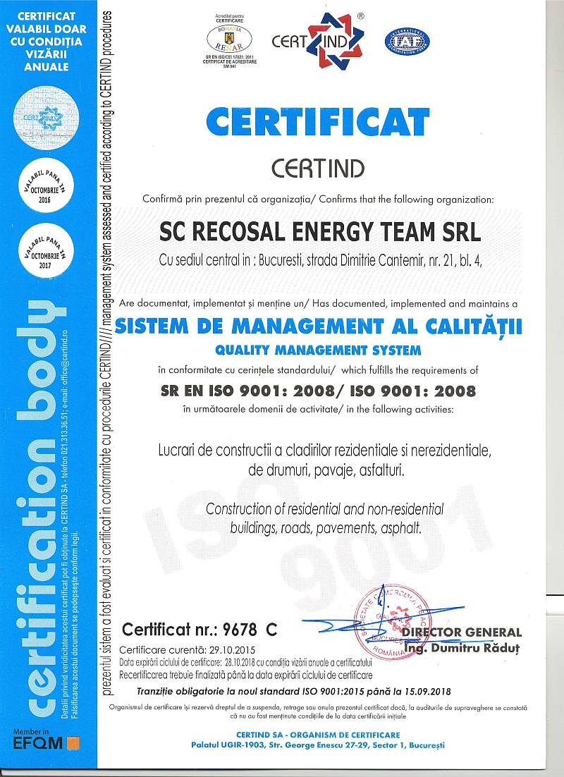 Certificari ISO 9001 Recosal Energy Team
