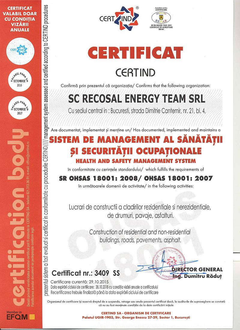 Certificari OHSAS 18001 Recosal Energy Team